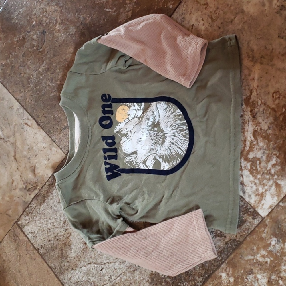 Wonder Nation 2T Boys Olive Green Tan Wild One Wolf Long Sleeve Tee